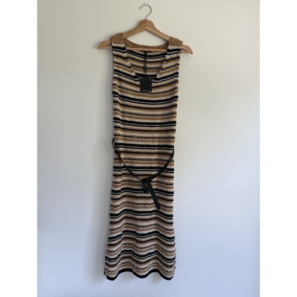 Massimo Dutti Knit Striped Dress XS NEW Sleeveless Belted Crochet Beige Black T